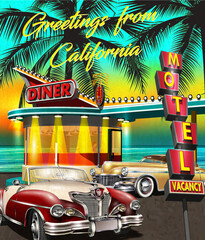 Greetings from California poster with retro American Diner and vintage cars on sunset background.