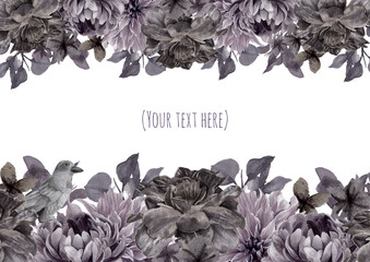 Dark, Black flowers Watercolor Frames, Wedding, Invitation, Halloween