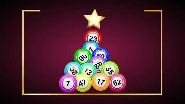 Animated christmas tree with numbered balls of bingo lottery on purple background. Lotto game.