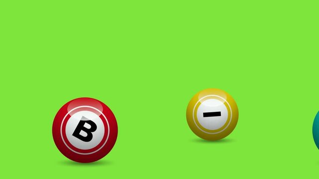 Bingo lottery, numbered balls rolling of lotto. Animated illustration on green background for chroma key