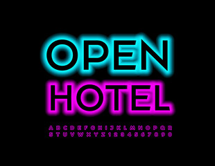 Vector Business Logo Open Hotel. Bright Glowing Font. Illuminated Alphabet Letters and Numbers set