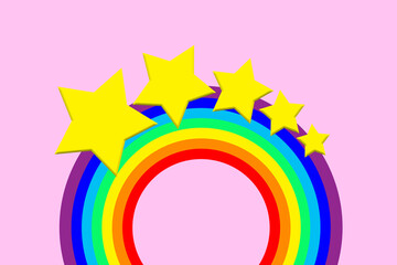Obraz premium Sticker, rainbow with stars on a pink background, illustration