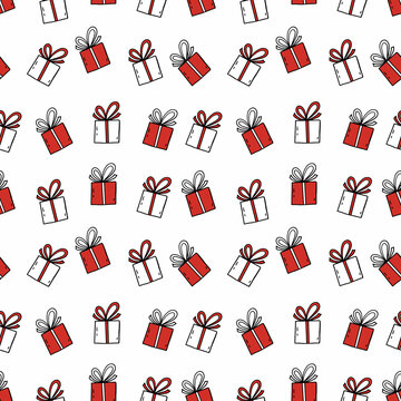 Seamless Pattern Sewing Clothes And Printing Paper. Christmas Present Doodle Style.