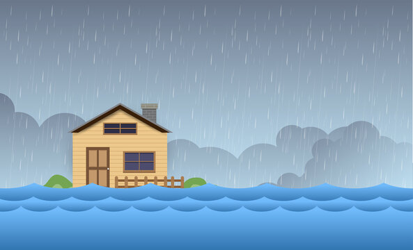 Flood Natural Disaster With House, Heavy Rain And Storm , Damage With Home, Clouds And Rain, Flooding Water In City.