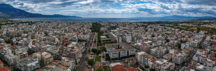 Obraz premium Beautiful panorama view over the center of Kalamata city, Greece. Aerial photography over Messenia, Greece, Europe