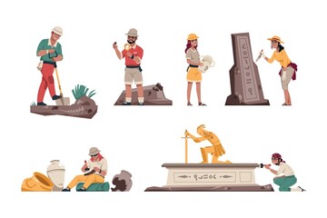 Cartoon archeology. Paleontologist characters with archeological tools. Geologists working in field. People dig up skeletons and discoveries, Vector explorers search antiquities set - obrazy, fototapety, plakaty