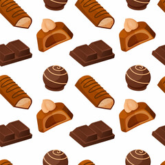 Chocolate candies pattern. Seamless texture with milk cacao sweets. Glazed caramel bonbon pieces. Tasty confectionery print. Dessert with nuts and topping. Vector background template