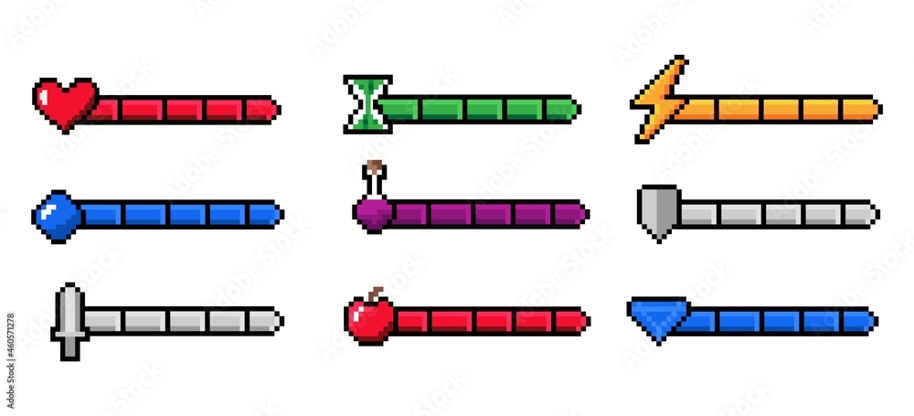 Poster arcade game progress bar. 8-bit indicators of health and stamina, money or energy. gaming experience