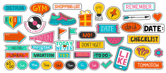 Planner sticker. Cute scrapbook and diary doodle labels. Calendar and agenda notebook badges collection. Bright reminders templates. Logo typography design. Vector organizer tags set