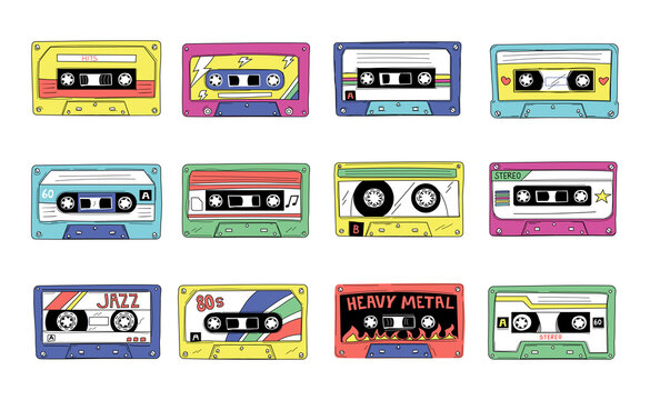Tape cassette. Retro 90s audio mixtape. Vintage compact stereo player records. 80s style retro rock and pop songs mix. Nostalgic musical hits. Vector multimedia equipment elements set