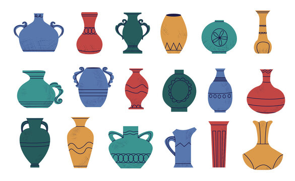 Doodle pottery. Cartoon abstract shapes of ancient amphora. Retro vase and antique wine jar mockup. Hand drawn ceramic jug. Urn or pitcher with handles. Vector colorful earthenware set