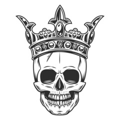 Skull in crown king monochrome illustration isolated on white background. Vintage crowning, elegant queen or king crowns, royal imperial coronation symbols.