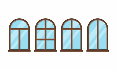 Windows set with brown frames on white background. Vector illustration