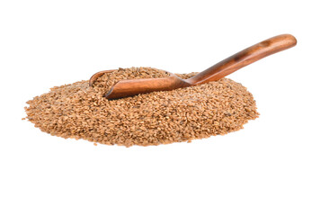 Flax seeds in a wooden spoon on white background