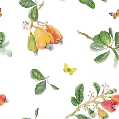 Beautiful seamless pattern with watercolor hand drawn branches with colorful cashew nuts small flowers and green leaves. Stock illustration.