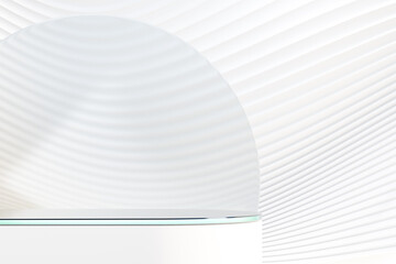 3d white round podium with glass on white curve wave wall. 3D illustration rendering.