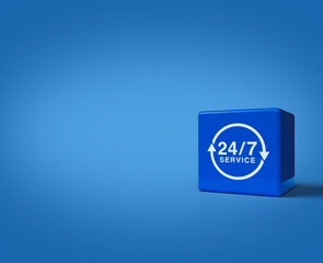 3d rendering, illustration of 24 hours service icon on block cubes on light blue background, Business full time service concept