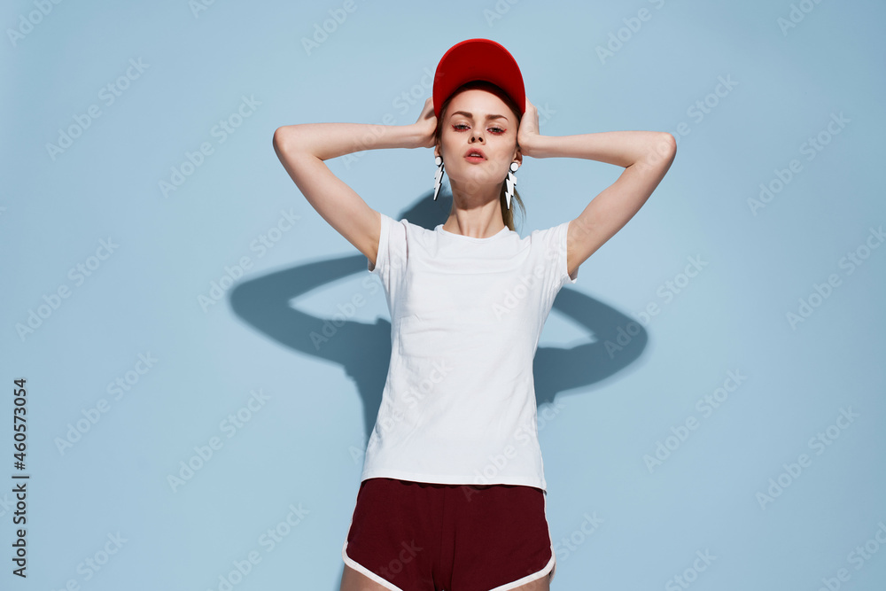 Poster woman in red cap summer clothes fashion glamor modern style