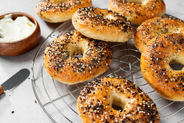 Fresh baked sourdough New York style bagels with cream cheese on light gray table.