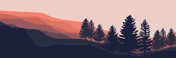 Fotobehang sunset over mountain landscaspe vector illustration good for wallpaper, backdrop, background, banner, tourism, design template, and desktop wallpaper  © FahrizalNurMuhammad