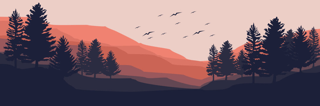 sunset over mountain landscaspe vector illustration good for wallpaper, backdrop, background, banner, tourism, design template, and desktop wallpaper © FahrizalNurMuhammad