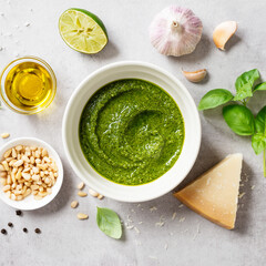 Fresh Italian pesto sauce with basil, pine nuts, parmesan cheese and olive oil on the light gray...