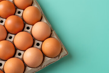 Copy space at cardboard tray with  brown chicken eggs against turquoise background. Raw organic hen eggs with brown shell as protein ingredient for healthy eating and breakfast. Farm eggs for Easter. 