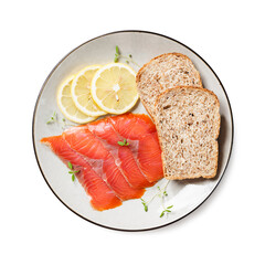 Salted salmon slices for healthy breakfast sandwiches. Organic fish. Isolated on white background.	top view
