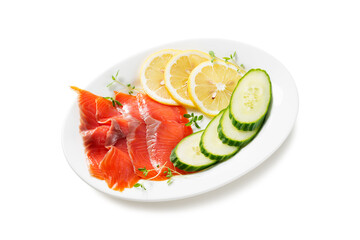 Salted salmon slices for healthy breakfast sandwiches. Organic fish. Isolated on white background.	