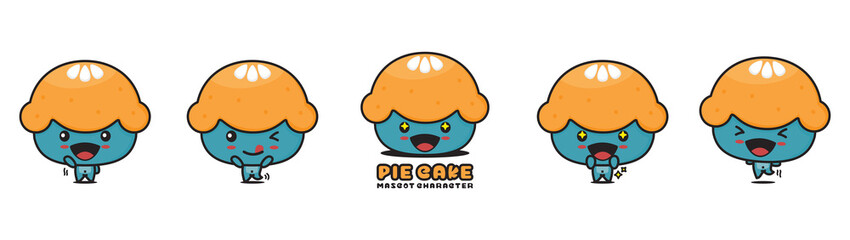 cute pie cake mascot, food cartoon illustration, with different facial expressions and poses