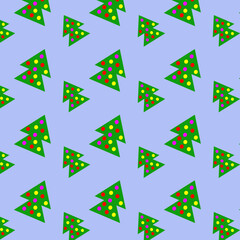 Festive pattern with green trees and colored decorations.