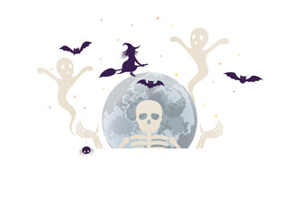 Happy Halloween. Ghosts, witch on broomstick, bats, skeleton with spider on background moon.