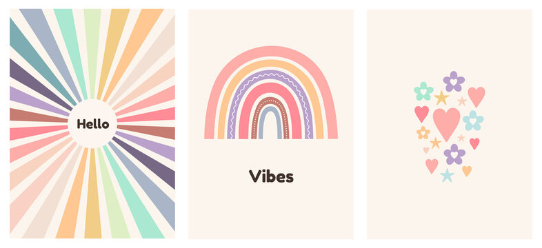 Abstract childrens art poster with rainbow. Minimalist posters, cover design with sun, hearts, stars, flowers.