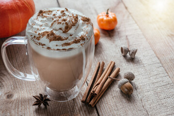 Autumn spicy hot drink with whipped cream and cinnamon on wooden background