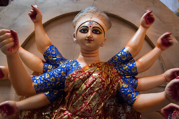 Beautifully dressed idol of Goddess Durga. Close up.