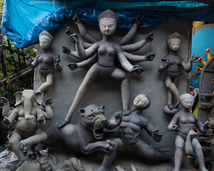 Unfinished clay idol of Hindu Goddess Durga.