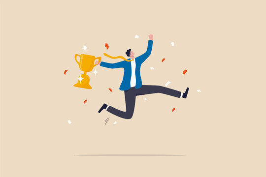Celebrate work achievement, success or victory, winning prize or trophy, challenge or succeed in business competition concept, happy businessman holding winning trophy jumping high for celebration.