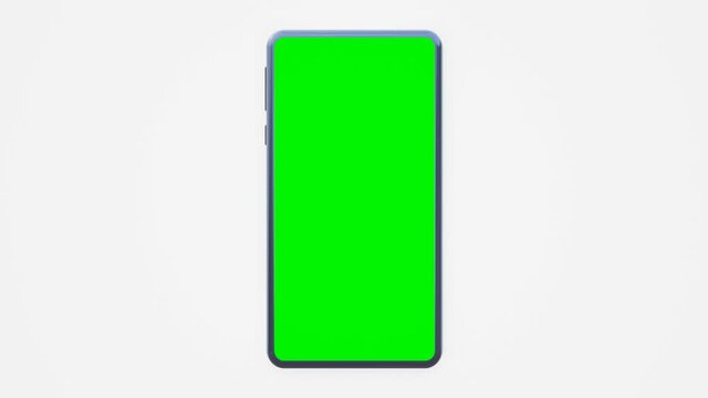 modern blue dark smartphone with green screen on white isolated background . 3d illustration rendering . 4k resolution video . for business, market , advertising and etc. easy customizable