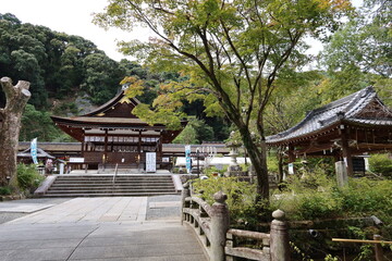 Temples and shrines in Kyoto in Japan 日本の京都にある神社 :　Hai-den Hall and Chozu-sha House in the precincts  of Matsuo-taisha Shinto Shrines  at Higashiyama 東山にある松尾大社とその拝殿と手水舎