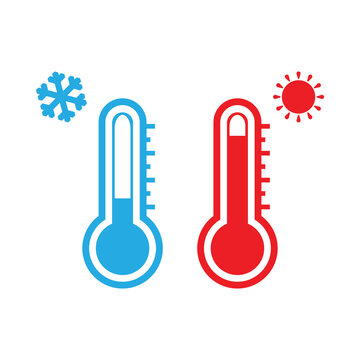 Low and high temperature icon set. Vector illustration of two thermometers showing cold and hot temperature. Snowflake and sun symbol. Winter, summer concept. Frosty and scorching day pictogram.