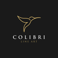 Fototapeta premium Hummingbird Line art, geometric colibri logo icon vector template on black background