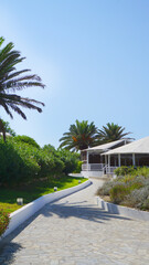 Fototapeta premium resort town hotel grounds lawns palm trees bushes blue sky vacation vacation