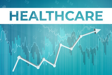 Financial market sector Healthcare on blue finance background from graphs, charts. Trend Up and Down. 3D render