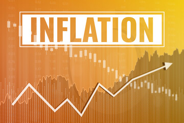 Inflation chart on yellow finance background from graphs, charts, columns, pillars, arrow, candles, bars. Trend Up and Down. 3D render