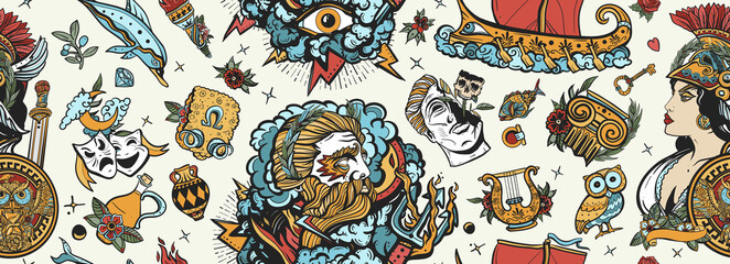 Ancient Greece. Seamless pattern. Old school tattoo style. Athena and Zeus, greek olympic gods. Owl, head statue, old boat, olive, golden fleece. Historical myths heroes and legends background
