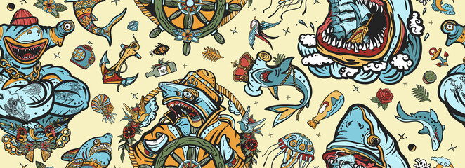 Sharks. Old school tattoo seamless pattern. Jellyfish, anchor, underwater life. Strong hammerhead shark fish. Sea wolf, captain in the sea, sailor at helm. Great white shark and drowned ship