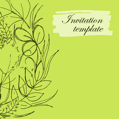 Botanic card template, sketch invitation design with herbs and leaves. Hand drawn floral background. Template. Green wreath, space for text, green background.
