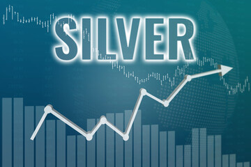 Price change on trading Silver on dark blue finance background from graphs, charts, columns, candles, bars. Trend Up and Down, Flat. 3D render