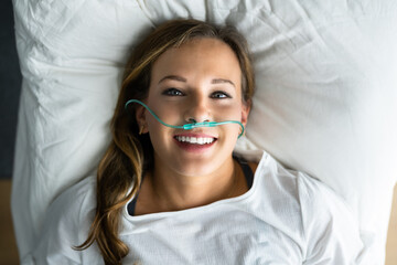 Sick Patient With Nasal Cannula. Ill Woman - obrazy, fototapety, plakaty