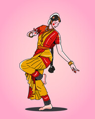 Beautiful woman doing Indian classical dance, Bharat-Natyam, ethnic costume.